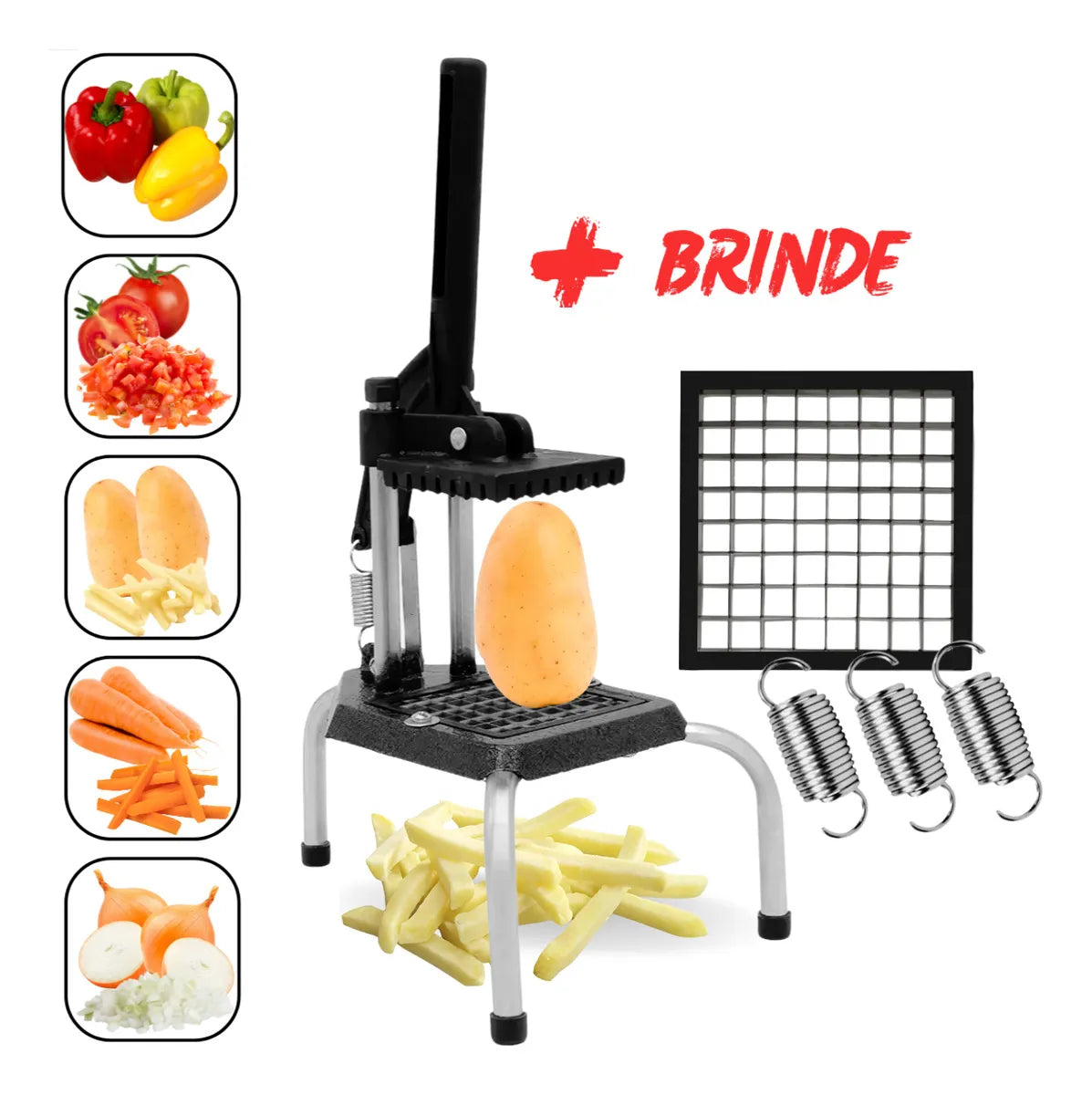 Picador Legumes Batata Cortador Tripé Multiuso Tomate Cebola Frios Cabrita Reforçado + 4 Brindes